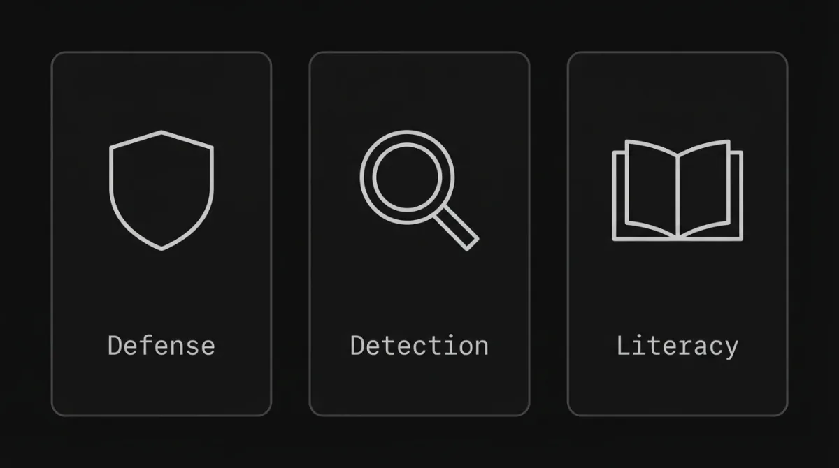 Three panels with outlined symbols: a shield for “Defense”, a magnifier for “Detection” and an open book for “Literacy”.